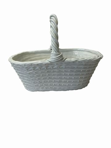 Italian white ceramic rectangular basket w/ handle, 13.5x9x10H