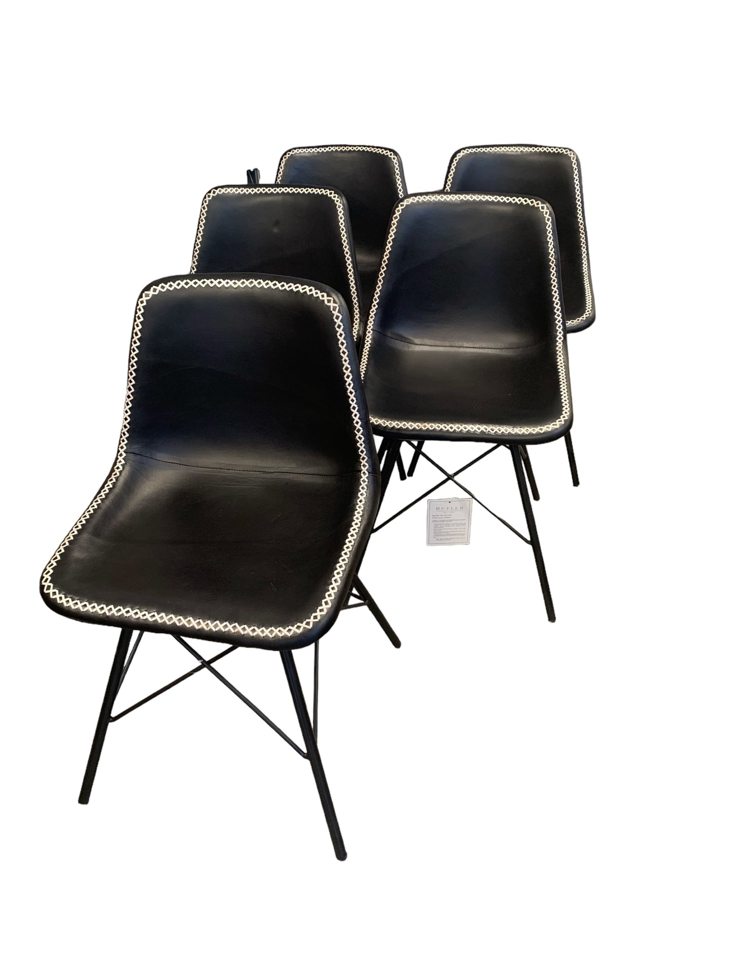 Set of 5 new Butler Modern Black Leather Side Chairs w/ White Stitching