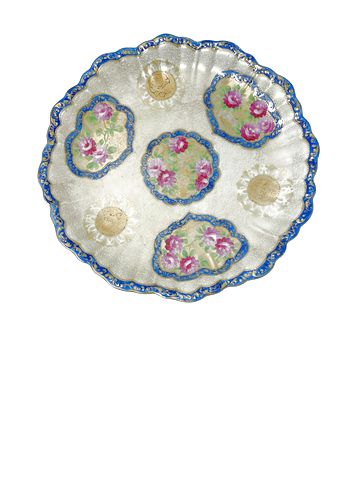 Victorian scalloped-edge blue/pink/gold ceramic platter, 12" diam.