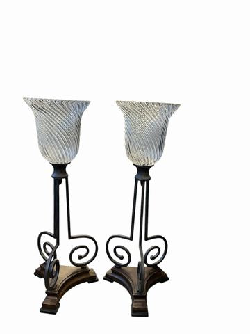 Pair of floor hurricane candleholders, metal/glass, 33H