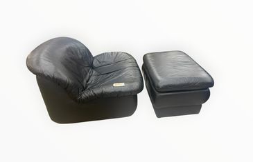 1980s Burris black faux leather MCM lounge chair w/ ottoman, 26" h, 33" w, 21.75