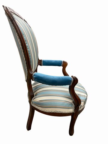 French Louis XVI-style armchair w/blue/cream striped upholstery, 40H. 25W. 27D.