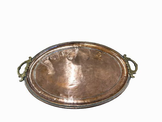 Oval Pakistani Hand-Tooled Copper Tray, 24x16.5"