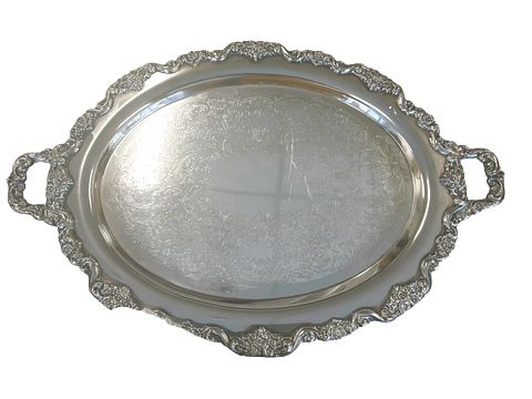 Large footed oval silverplate tray w/ handles, 30x20.25"