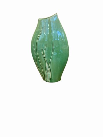 Green Ceramic Wing Pottery Vase w/ Flower Motif 19x4"