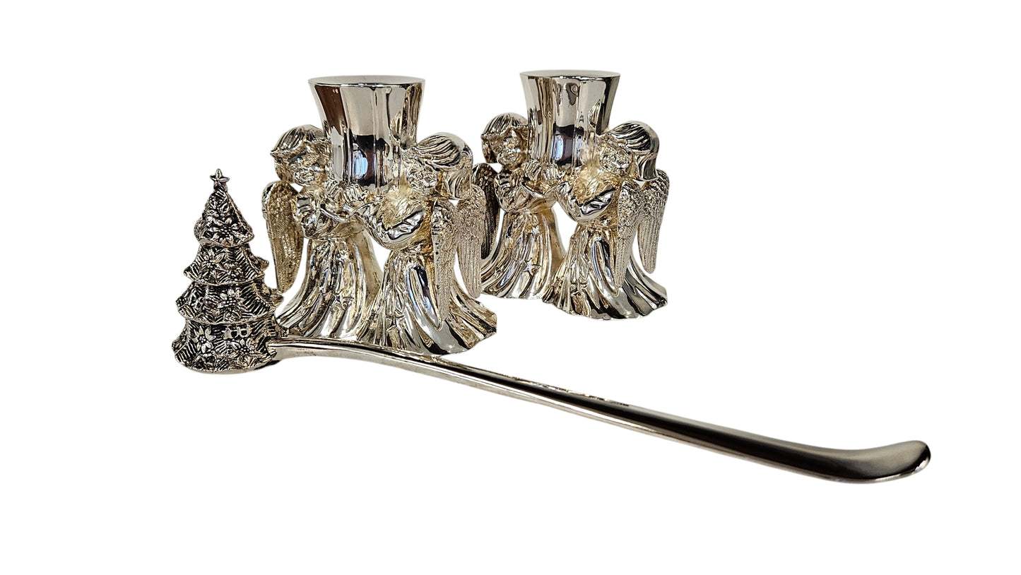 Pair Silver Plated Angel Candlesticks+Tree Snuffer,4"H