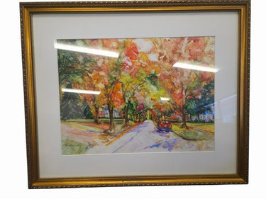 Orig Yupo Watercolor Painting Treed  Street Scene 20"h x 23.5"w
