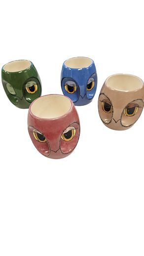 4 MCM Owl Eye Mugs, Pottery, 4.5"H