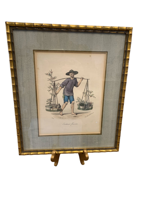 Vintage Framed French Street Vendar/ Florist Print14"x12"