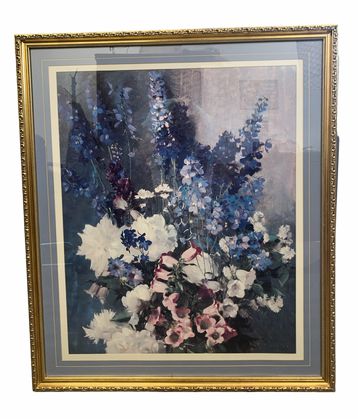 Floral bouquet still life print in ornate gold frame, 34.5x29.5"