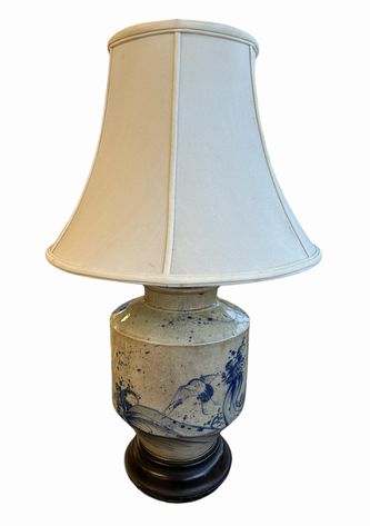 Antique blue heron pottery lamp w/ cream shade, 27.25"