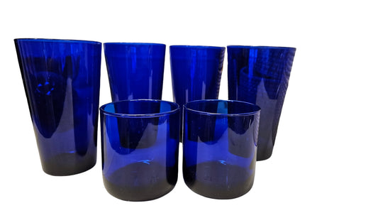 Set Vintage  Cobalt Blue Glasses, 4 Tumblers 6"H , 2 Juice 4"H