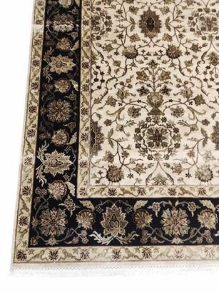 Hand-knotted sage green/burgundy Indo-Kashan wool rug w/ black border, 95.5" w x