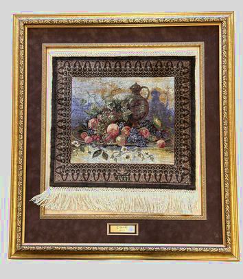Framed hand-knotted silk Cinar rug still life, 22.5x20.5"