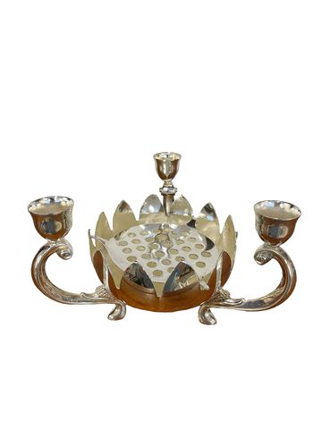 Silverplate flower frog w/ 3 candleholders, 6.5x6.5x4.5H