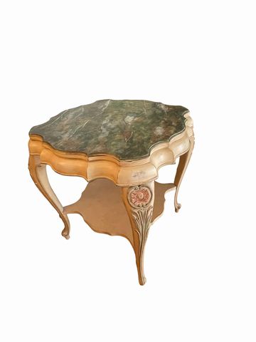 Handpainted side table w/lower shelf, faux marble top, 28.5Dx28H