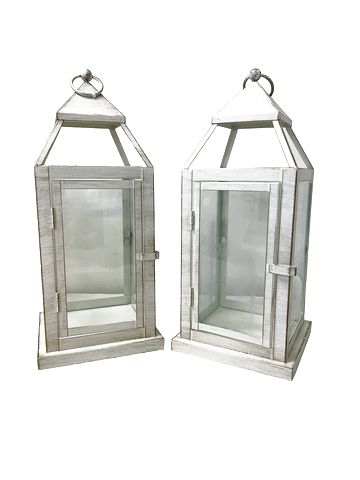 Pair of White Rustic Lanterns 15"Hx6"x6"