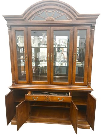Sumter arch-top lighted cherry-finish china cabinet w/ 2 glass shelves, 91.5" h,
