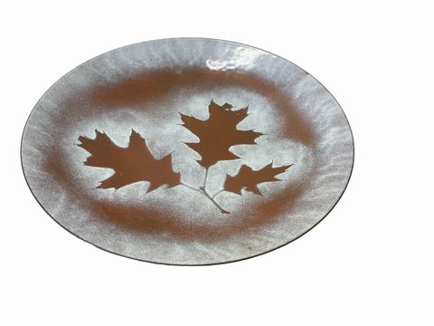 Enamel on copper plate w/ leaf pattern, 9.5D