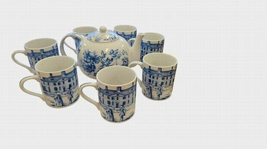 8 Pc Set Blue/White Mount Vernon, 7  Cups and Tea Pot 8"Wx6"H