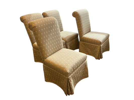 Set of 4 ecru/gold diamond-pattern Parsons-style dining chairs, 21x18x40.5"