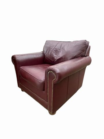 Classic Leather burgundy club chair w/rolled arms & nailheads, 32H 35.5W 35D