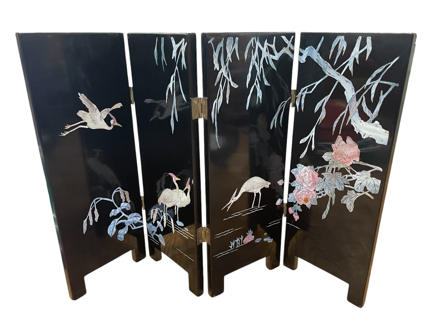 4-panel tabletop black lacquer screen w/ mother of pearl, 17" h