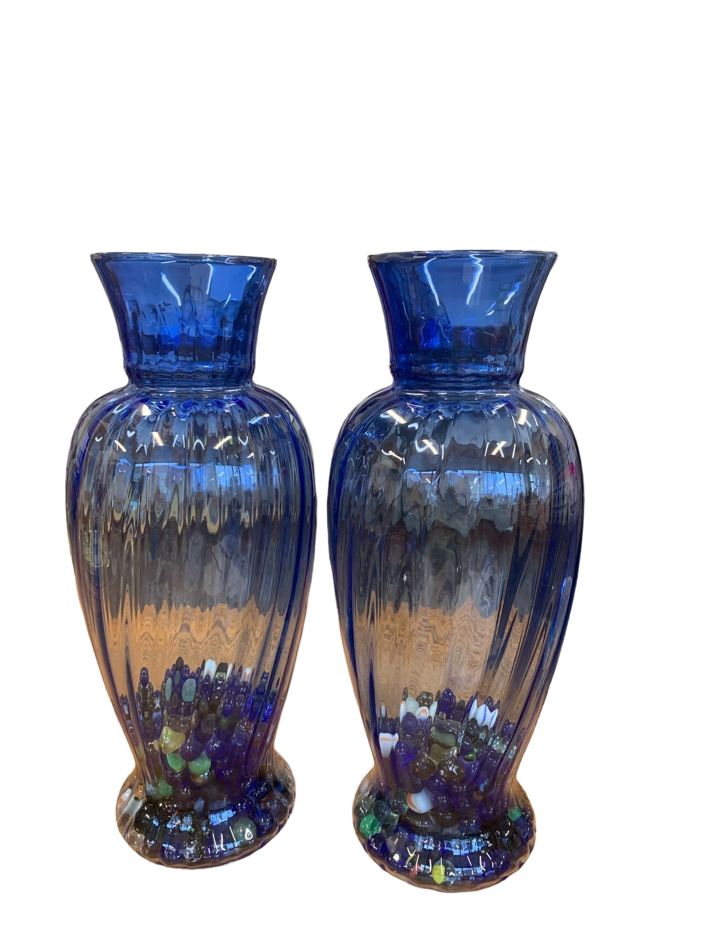 PAIR of blue glass vases w/ marbles, 15.25" h