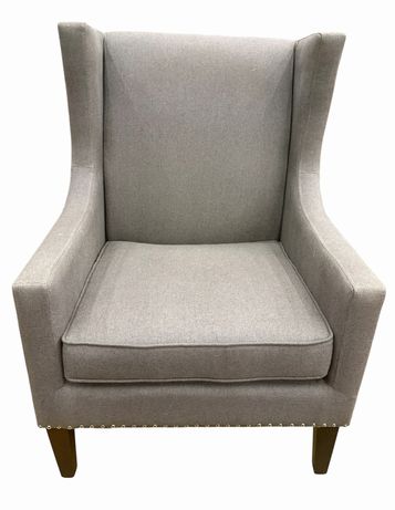 Gray tweed contemporary wingback chair w/ nailhead trim, 40.75" h, 28.75" w, 21