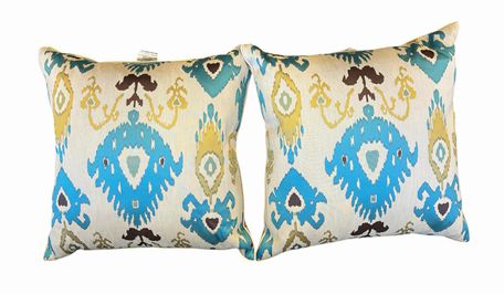 PAIR of blue/yellow ikat weave pillows, 22" x 22"