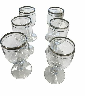 Set of 6 vintage wine glasses w/ silver band, 5.25" h