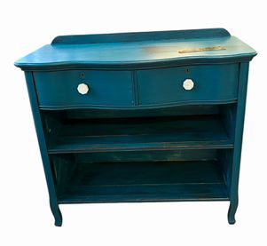 Distressed teal painted 2-drawer chest w/ shelving, 39.75x19.25x34.75"