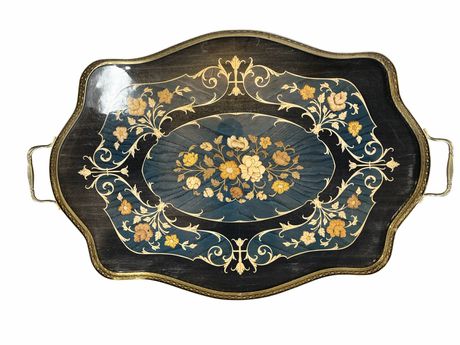 MCM Italian inlaid wood tray w/ gallery/brass handles, 23x15"