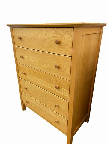 5-drawer pine chest of drawers, 46.75H. 35.5W. 19D.