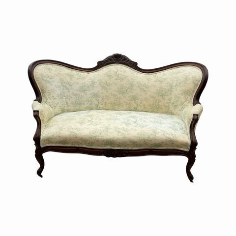 Victorian settee w/ toile upholstery, green/ivory, AS-IS, 56x35x40H