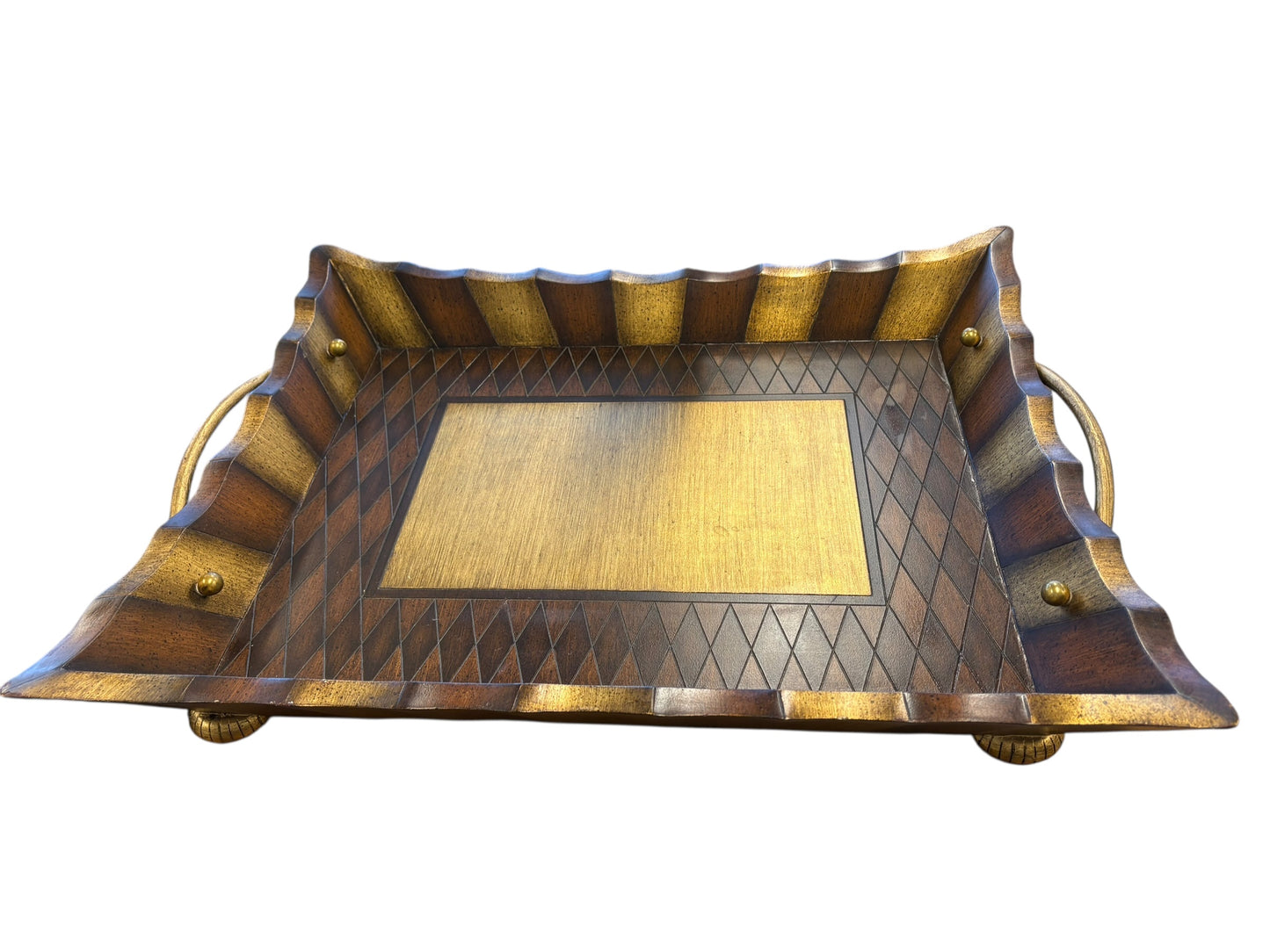 Large footed brown/gold wood tray w/ brass handles, 3.5" h x 22.25" w x 18.25" d