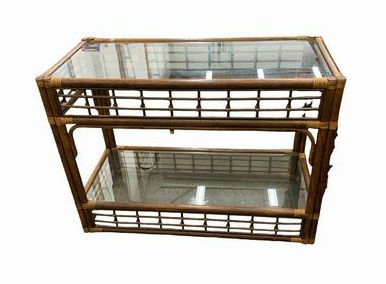 Vintage glass-top rattan console table w/ undershelf, 39.5x18x29"