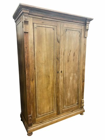 Pickled natural hardwood wardrobe w/ hanging bar (key not original), 84" h, 52.2