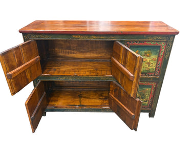 Handpainted 6-door pine Tibetan cabinet, 36" h, 47" w, 16" d