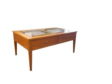 Maple coffee table w/2 drawers & glass top, 15.5H. 33.5W. 21.5D