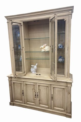 Vintage French Provincial whitewashed lighted 4-door china cabinet w/ glass shel