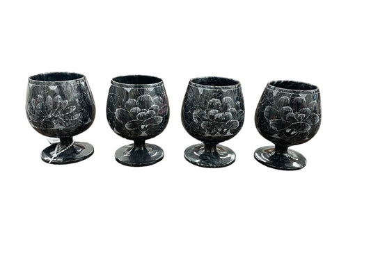 Set Of Four Black Onyx Etched Drinking Cups, 4"x3"