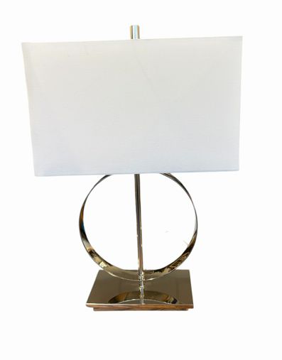 Modern chrome circle lamp w/ white rectangular shade, 25" h