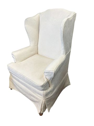 Ivory matelasse slipcovered Queen Anne-style wingback, 44.5" h, 32.5" w, 21" d