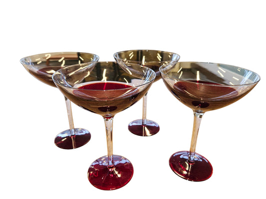 Set of 4 Wine Red/Clear Glass Coupes/Deserts 9"h
