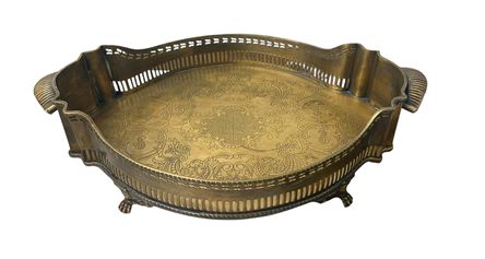 Incised footed brass tray w/ gallery, 4.25" h x 19.5" l x 13" d