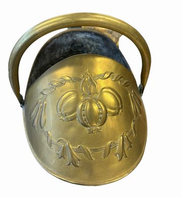 Victorian embossed brass helmet coal scuttle, 19" h, 16" w, 10.5" d