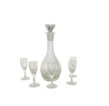 MCM Etched Decanter 9"x4" w Five Cordial Glasses 4'x2"