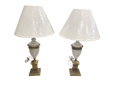 Pair of VTG brass & glass table lamps, 35H