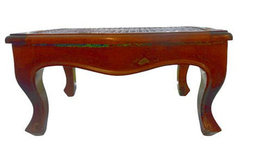 Antique Louis XV-style carved wood footstool w/ caned top, 7.25" h, 14.5" w, 10.